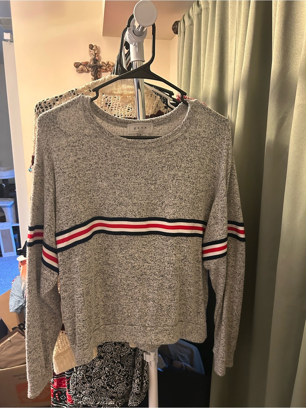 Heather Gray Crewneck Sweater with Red, White & Navy Stripes